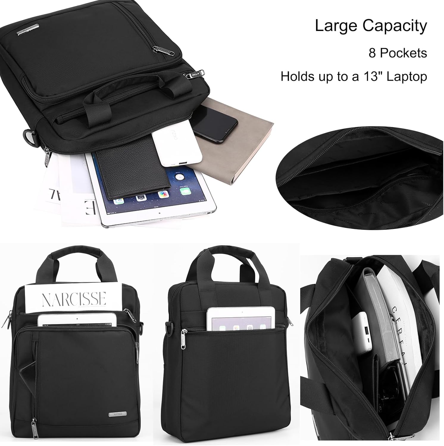 Men's 13-inch Laptop Messenger Bag Oxford Large Shoulder Bag Business Waterproof Casual Black Crossbody Bag for Work Travel Outdoor - Image 3