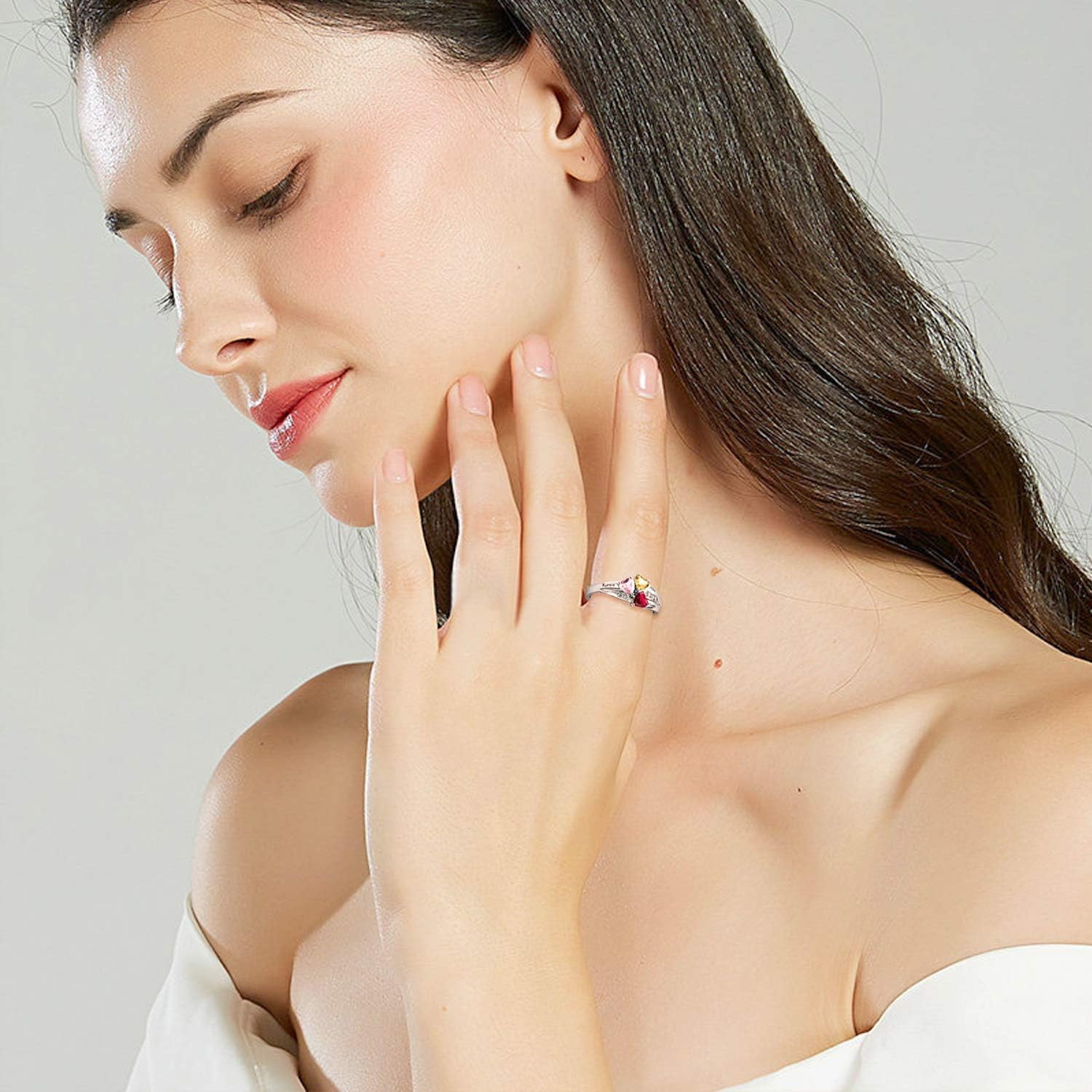 URONE Mothers Rings With 3 Birthstones Sterling Silver Custom Name Ring Personalized Rings For Women Girls