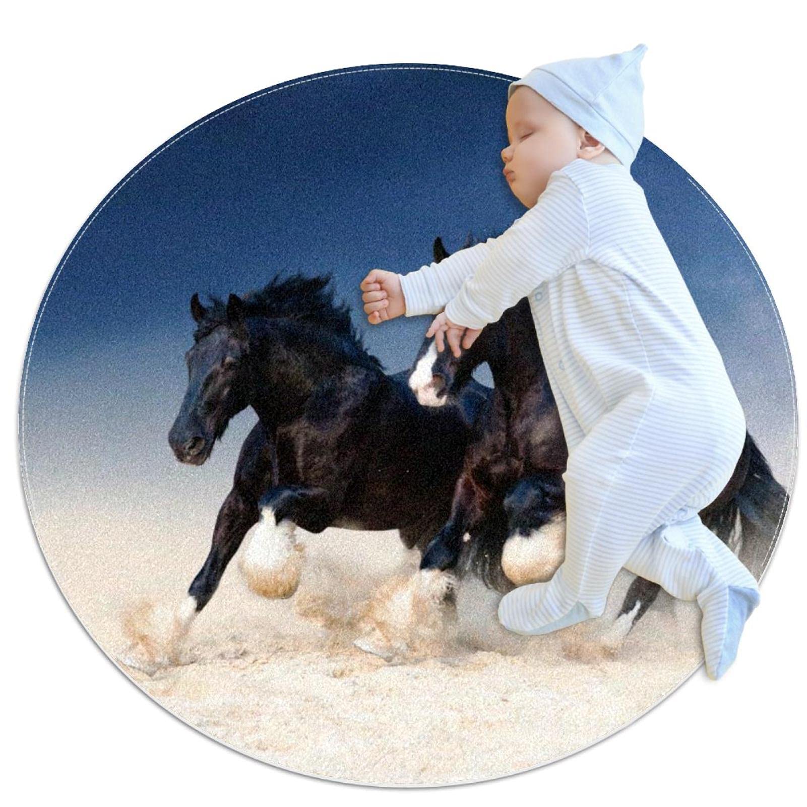 Tapis rond chevaux noirs au galop protège-sol lavable pour chambre salon