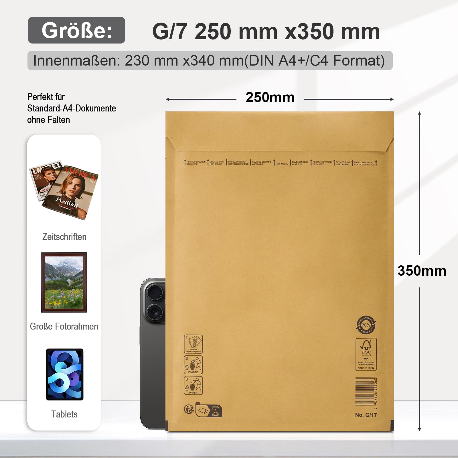 Switory 25 sobres acolchados con burbujas G7 (250 x 350 mm) 17/G, color blanco, aptos para DIN A4 + / C4, embalaje de envío con cierre autoadhesivo