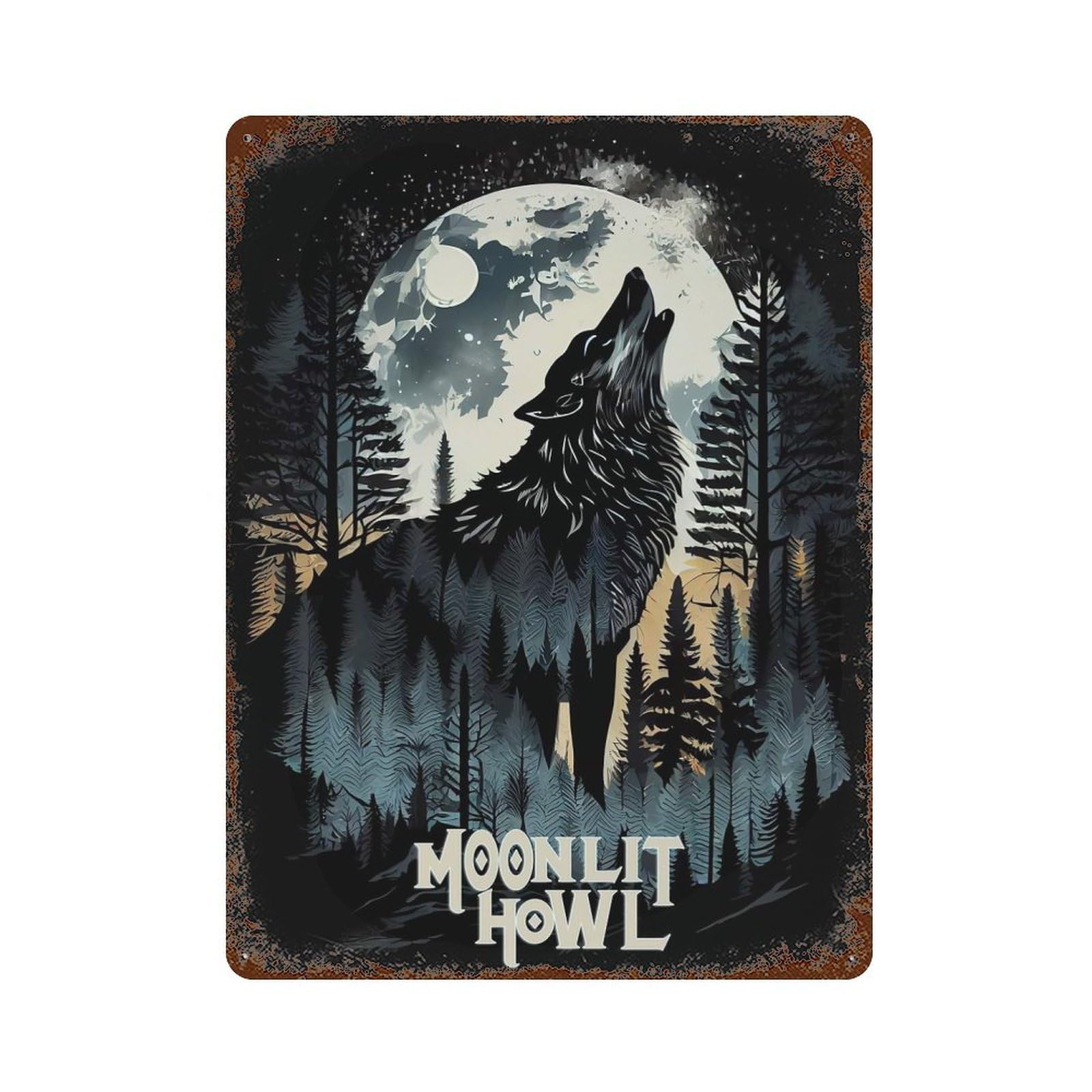 Moonlit Howl Wolf Aged Metal Wall Plaque 15.7"x11.8", Old School Wall Decor for Garage, Bar And Workshop Decor