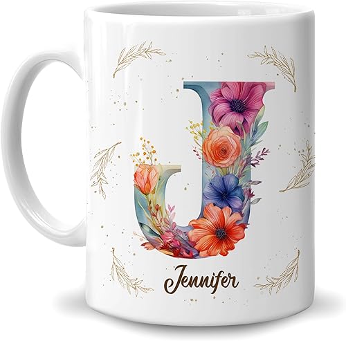 Hyturtle Taza de café personalizada con inicial con nombre, monograma de cumpleaños, regalos de Navidad para niñas y mujeres, letra J con letras