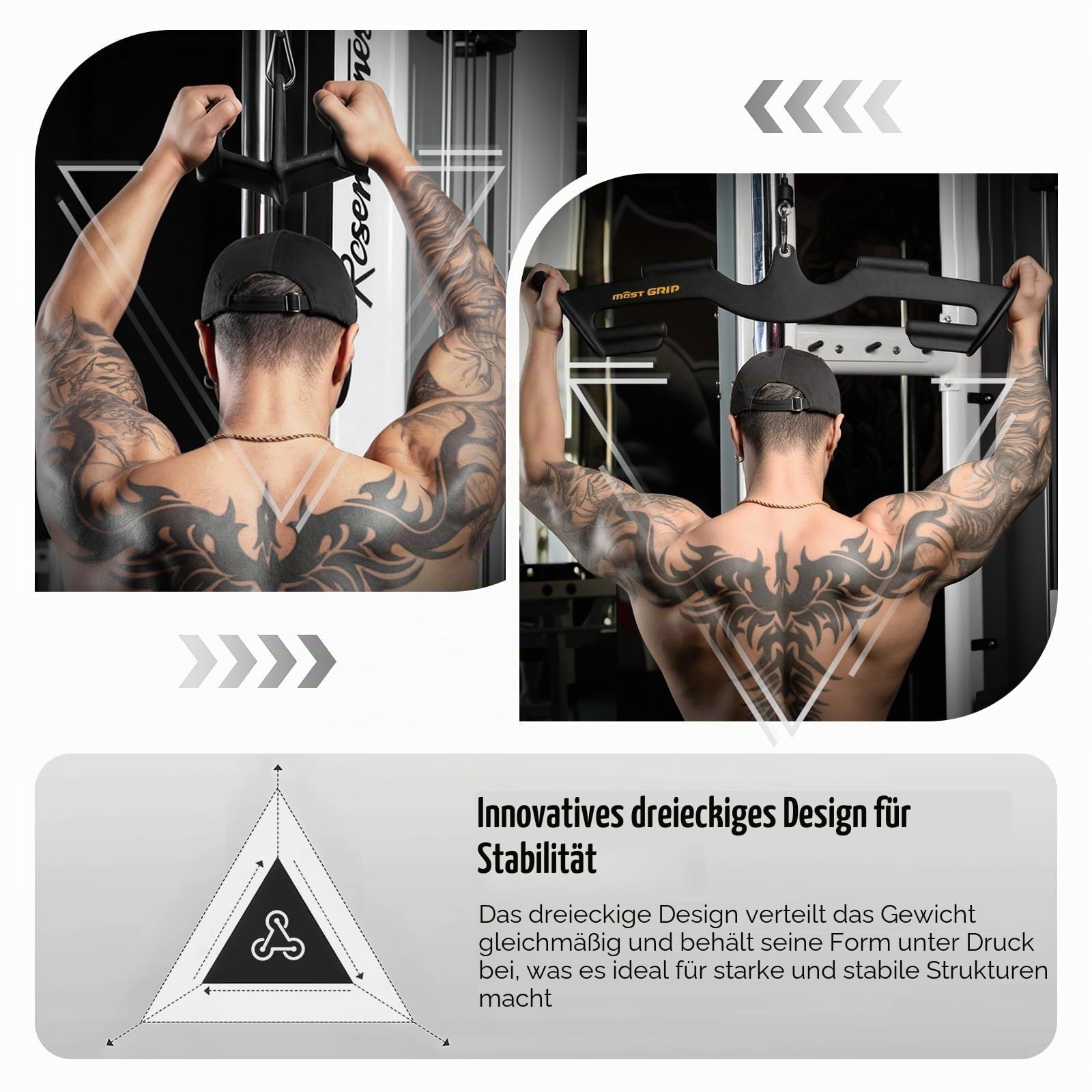 Latzugstange Set mit 8 Ergonomischen Griffen, Dreieckige Stabilität Latzug Griff für Das Training des Gesamten Rückens, Latzug Stange für Das Training Im Fitnessstudio oder Zu Hause