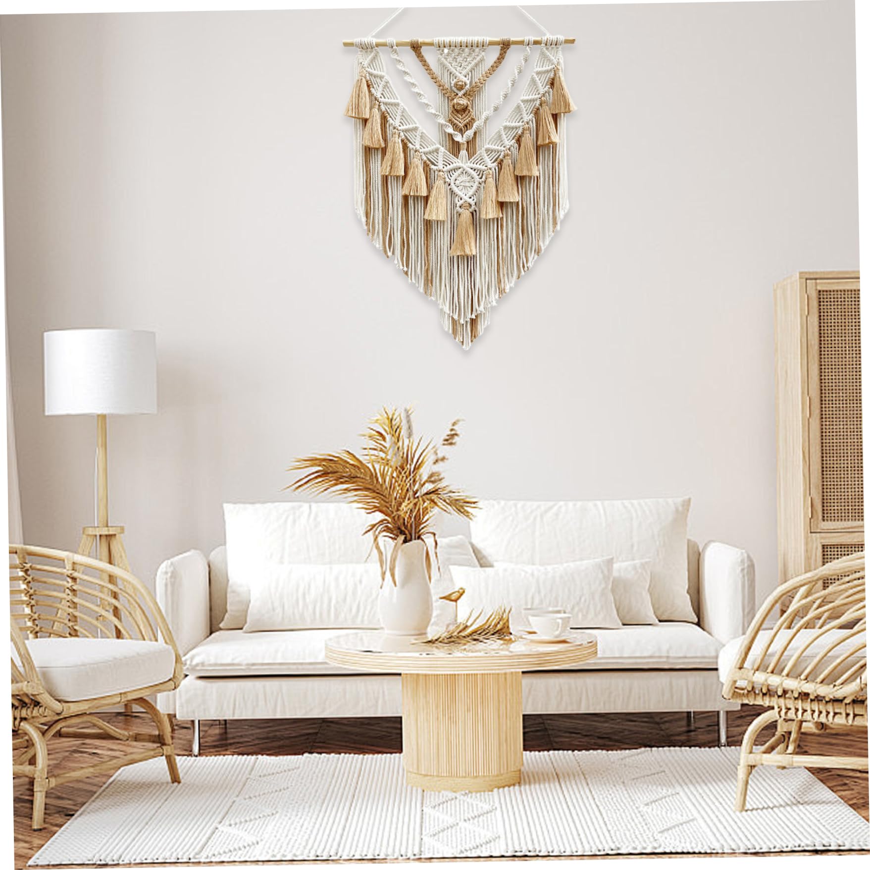 Macrame Wandbehang Natürlicher Baumwollfaden Macrame Wanddekoration mit Quaste Rustikal Webteppich Wandkunst für Schlafzimmer Wohnzimmer Wohnung Kinderzimmer Khaki 21,7x29,5 Zoll