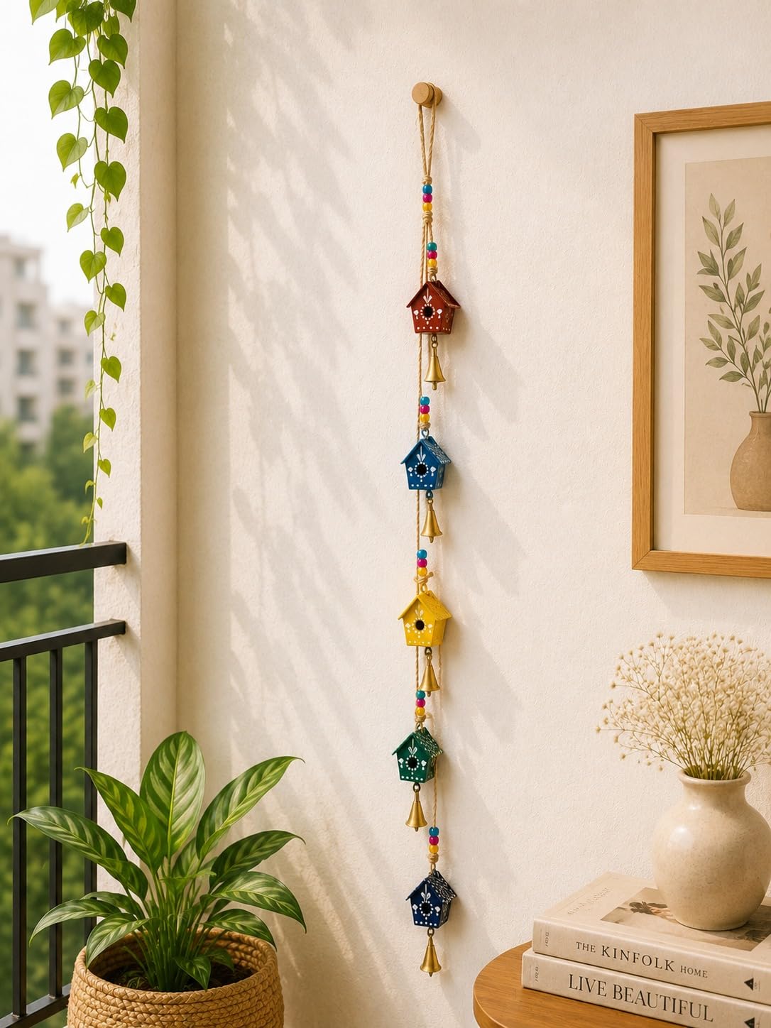 Handcrafted Metal Wall Hanging Latkan with Colorful Bells Decorative Door Side Hanging Gold Painted with Rustic Finish Soothing Sound for Home & Balcony Décor (MetalLatkan-ColorBellHouse)-picture-33