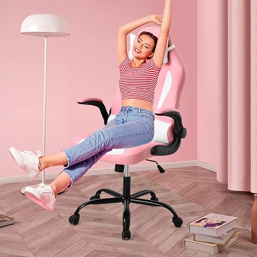 Miniatura 5 de Silla de oficina en casa, linda silla de juegos Kawaii rosa para niña, ergonómica, escritorio de carreras, oficina, ajustable, con respaldo alto,