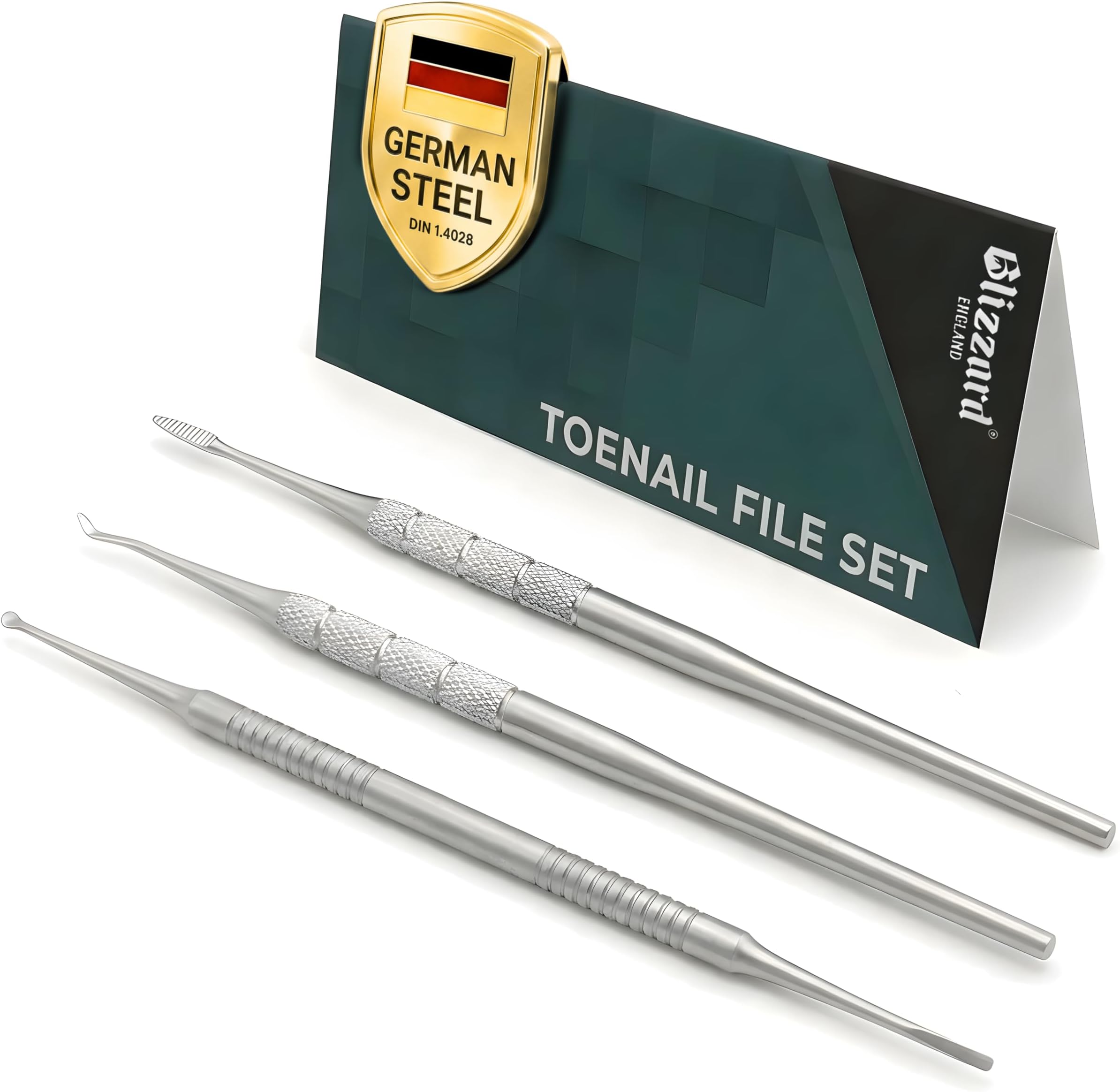 Premium Blacks File Pedicure Set – 3-Piece Ingrown Toenail Kit - Toenail Cleaner, Probe & Nail Lifter – Stainless Steel Podiatry Tools - Professional Foot Care Nail File Set