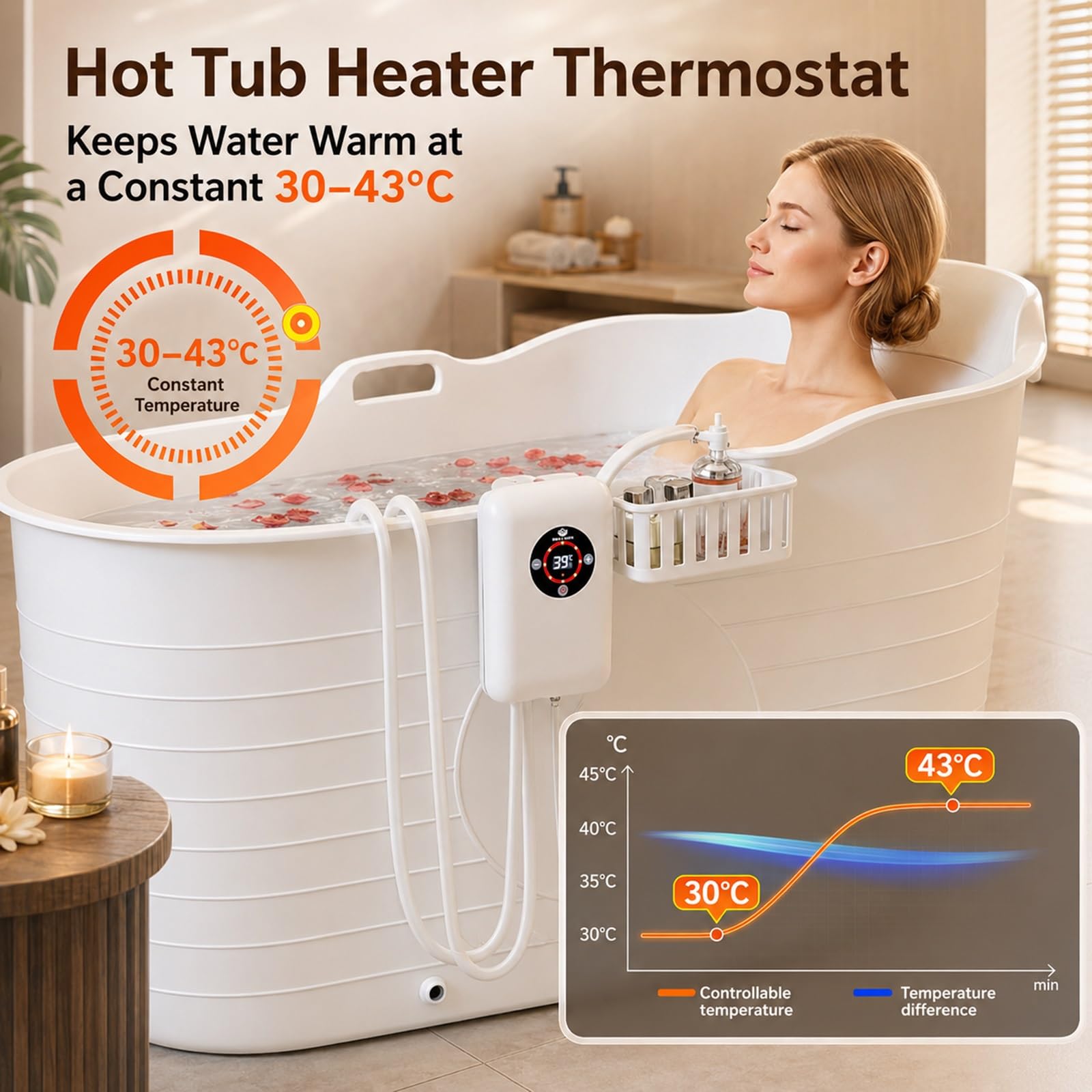Termostato Portatile 1200W Per Riscaldatore Di Piscine Gonfiabili E Vasca Da Bagno, Controllo Preciso Della Temperatura 30-42°C, Protezione Contro Il Surriscaldamento, Riscaldamento Rapido