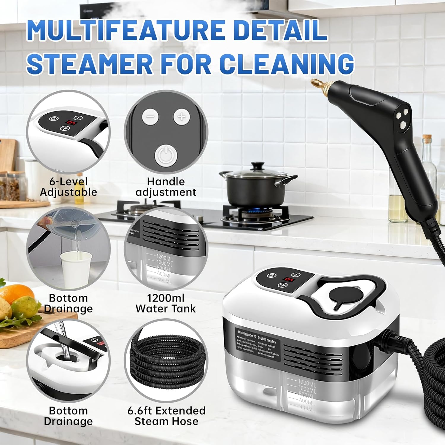 High Pressure Steam Cleaner, 6-Level Adjustable, 15s Heat-Up, 1.2L Large Tank. Portable High Temp Bathroom Power Steamer Cleaning Machine Steam Cleaner For Home Use Kitchen Grease Car Cleaning - Image 4