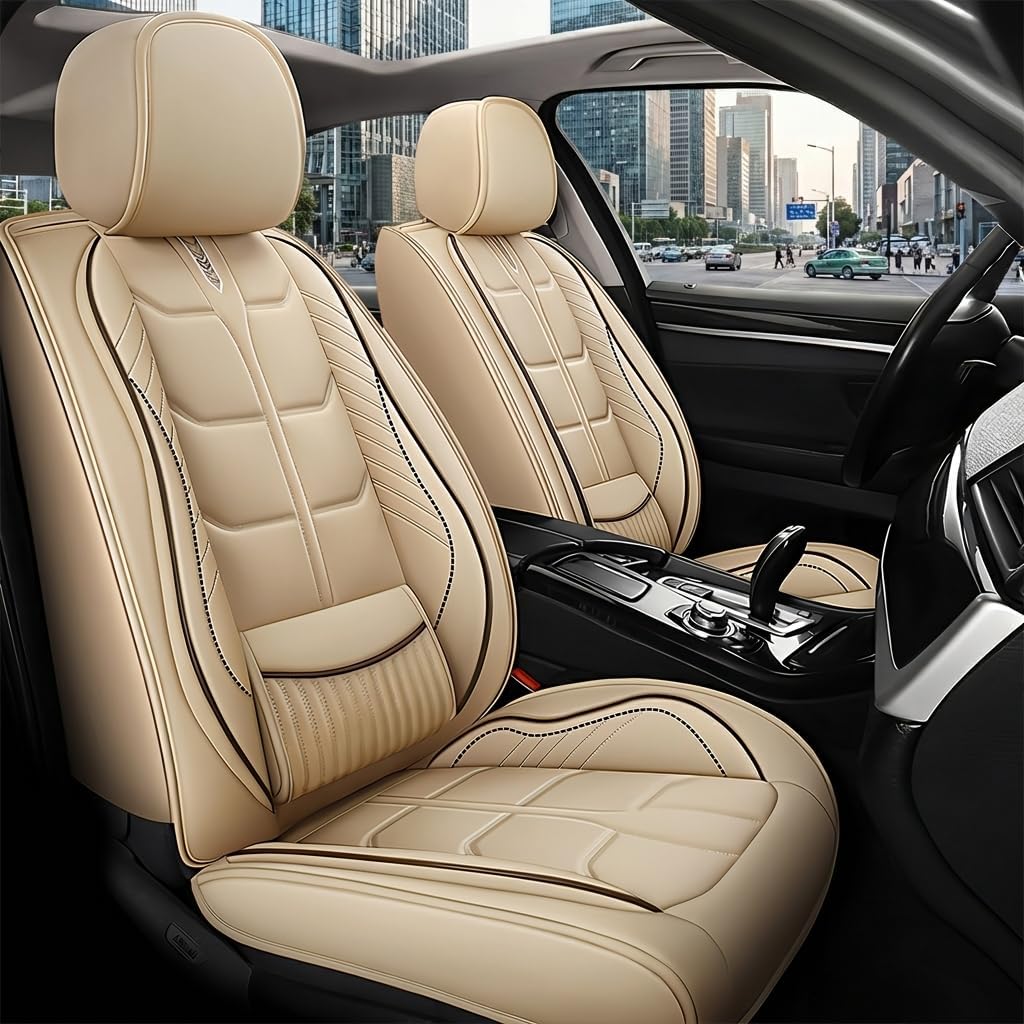 URINOVET Seat Covers for Toyota Sequoia 2001-2026 Car Seat Cover, 5-Seater Front Rear Seat Cover, Waterproof and Wear Resistant Leather Seat Covers(Full Set,Beige)