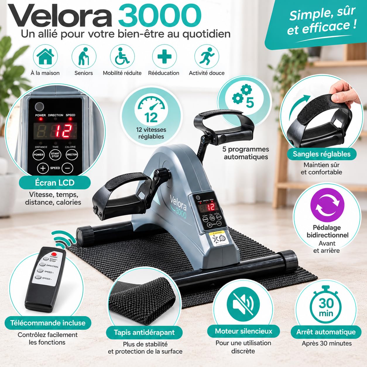 Mini Pedalier Eléctrico Motorizado para Piernas y Brazos, Dispositivo de Ejercicio Sentado con 12 Niveles de Velocidad, 5 Programas, Control Remoto Pantalla LCD, Alfombra Antideslizante, Rotación
