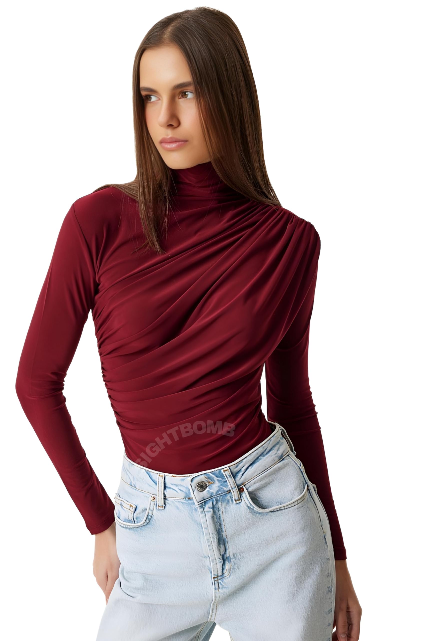 Gathered Ruched FRONTFLOW Ultra Soft Microfiber SOFTLINE Cuddle TEE Fullsleeve TOP for Women