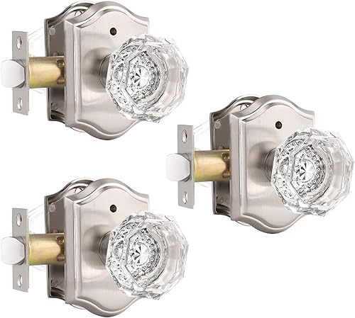 Gobrico Paquete de 3 pomos de puerta de cristal transparente, manijas de puerta de camabaño, función de privacidad, perilla interior de vidrio de