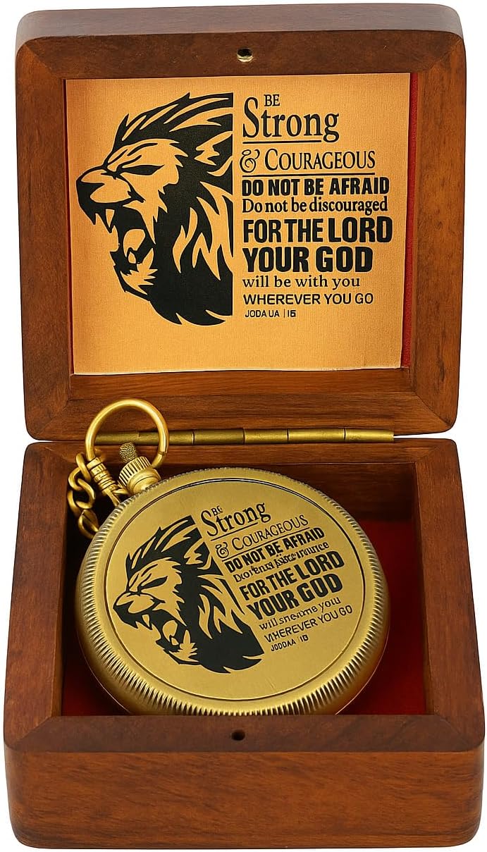 Be Strong and Courageous Brass Compass with Wooden Box - Antique Nautical Engraved Compass Religious Gift for Men & Women, Graduation, Baptism Confirmation Communion
