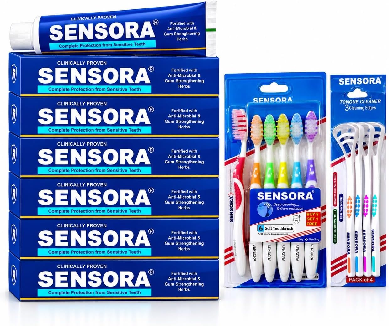 SENSORA Sensitivity Releif Toothpaste For Sensitive Gums | Pack of 06 | Buy 6 get 10 (6 Super soft brushes and 4 tongue cleaners FREE)