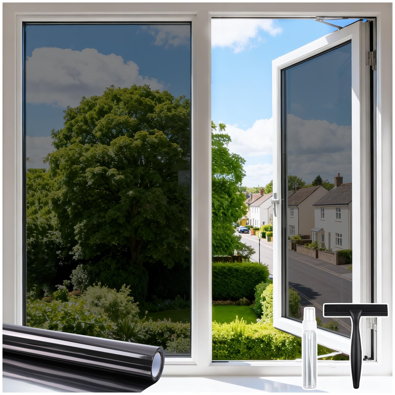 DOWELL One Way Window Film Privacy Black Silver 75×400cm, Heat Reflective Mirror Window Tint Film for Glass Windows Anti Glare UV, Sun Blocker Static Cling with Tools See Out Not In for Home, Office