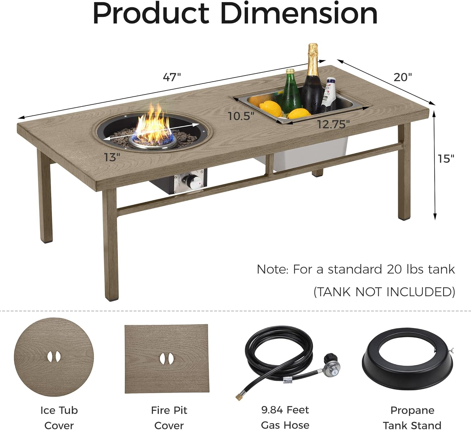Green4ever Aluminum Propane Fire Pit Table, 47" 50,000 BTU Multifunctional Fire Table with CSA Certification, 4.5 Gallons Ice Bucket, and Lava Rocks, 3-in-1 Coffee Table for Outdoor Patio, Khaki