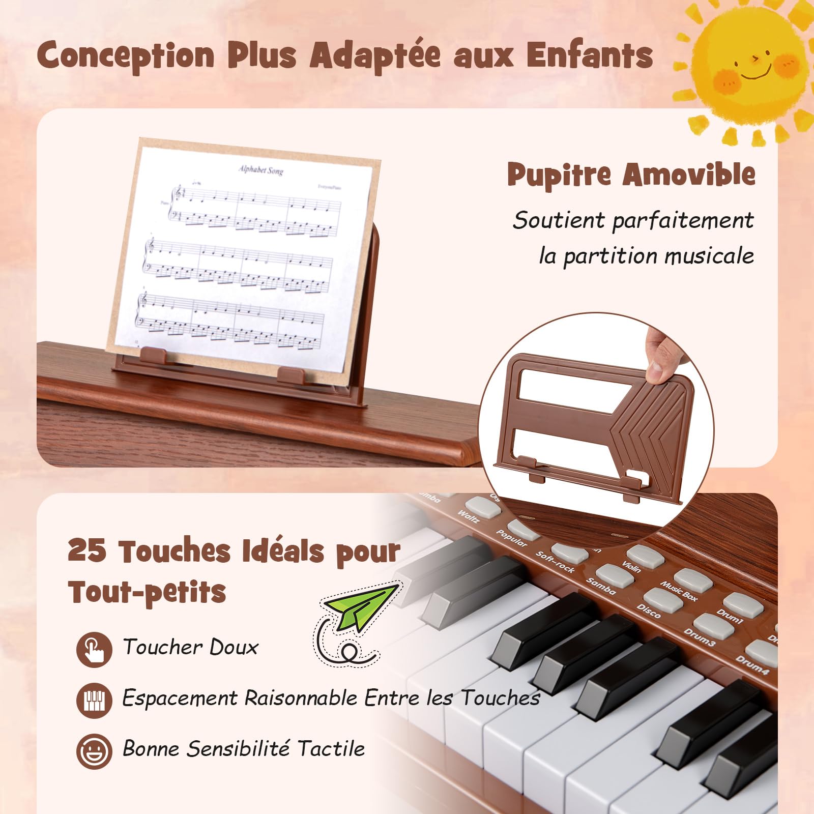 COSTWAY Clavier de Piano Enfant à 25 Touches avec Pupitre Amovible, Piano Numérique avec Mode d'Enseignement & Haut-Parleur, Vitesse et Volume Réglables, Instrument de Musique pour 3 Ans+ (Marron)