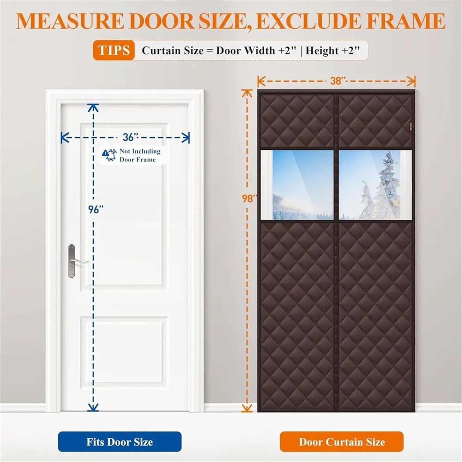 Insulated Door Draft Stopper with Window, 36x96, Oxford & Cotton Blend, Windproof, Brown