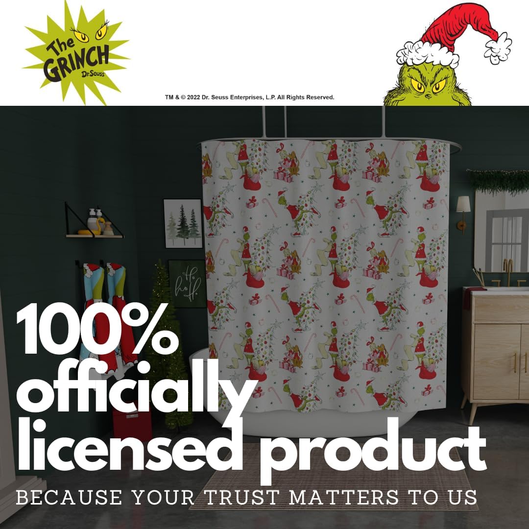 Grinch Holiday Christmas 13-Piece Shower Curtain Set, 72 x 72 Inch Fabric Curtain with Hooks, Bathroom Decor, Machine Washable, (100% Officially Licensed Product) by Franco Collectibles