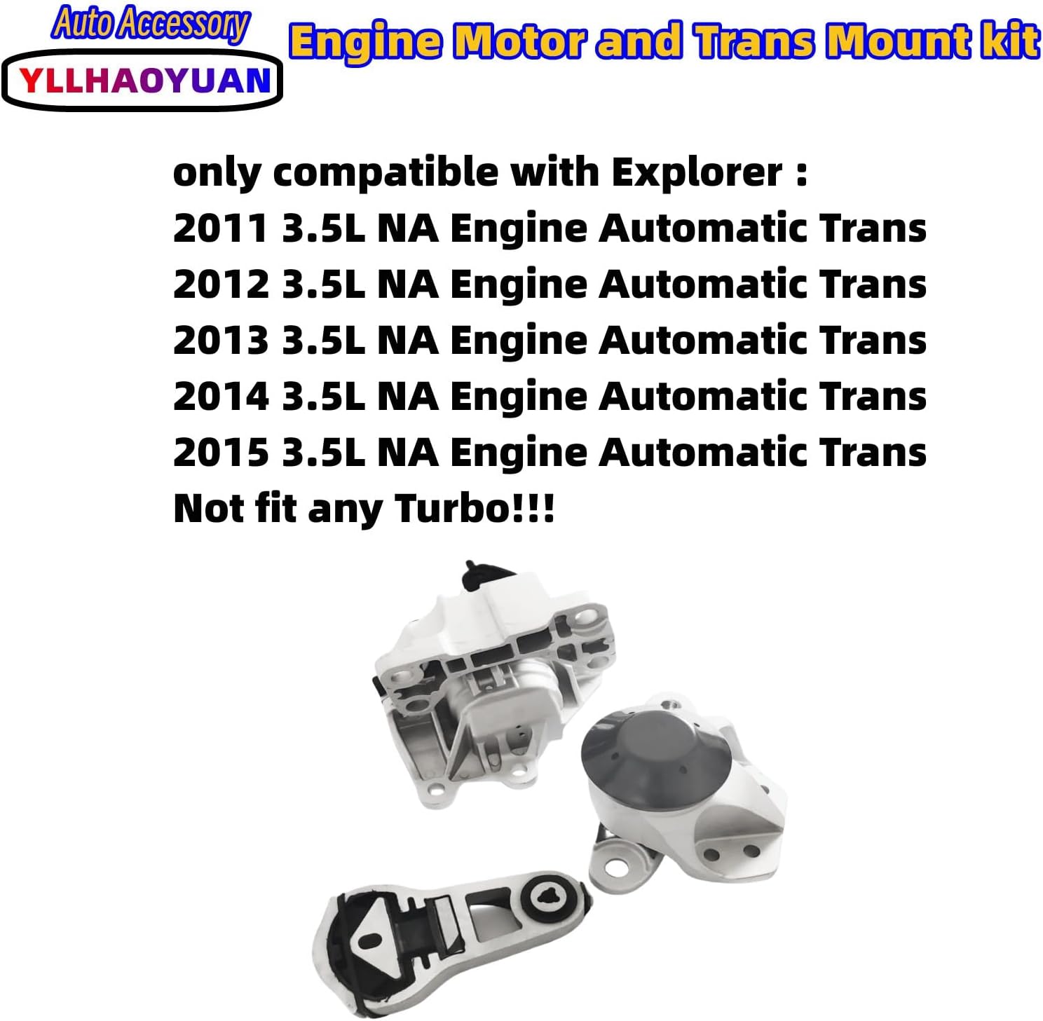 Yllhaoyuan Set of 3 Motor Mounts for Explorer 3.5L NA (Non-Turbo) 2011-2015 - Replaces EM-3255, EM-3392, EM-3439 - Fixes Vibration