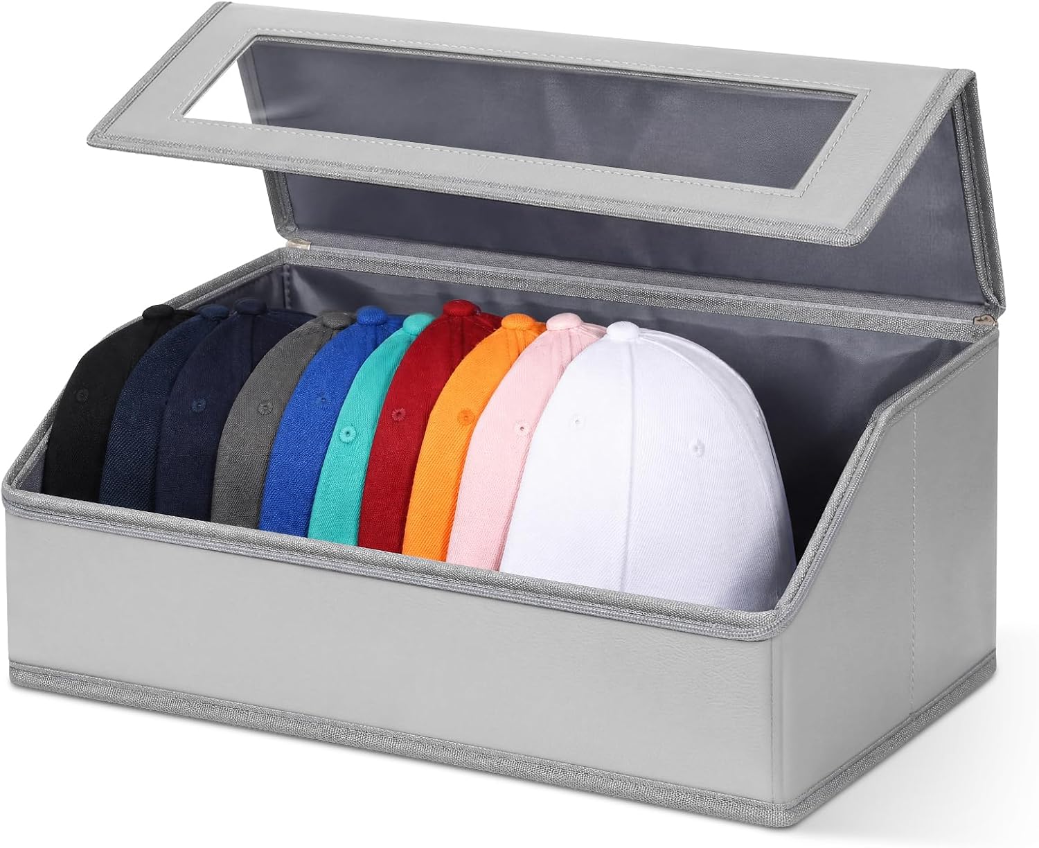 Chunful PU Leather Hat Organizer for Baseball Caps, Holds up to 15 Caps, Hat Storage Holder with Clear Window, Baseball Cap Organizer Case 16.9x8.7x6.7'' for Home Storage Closet(Gray,Front-opening)