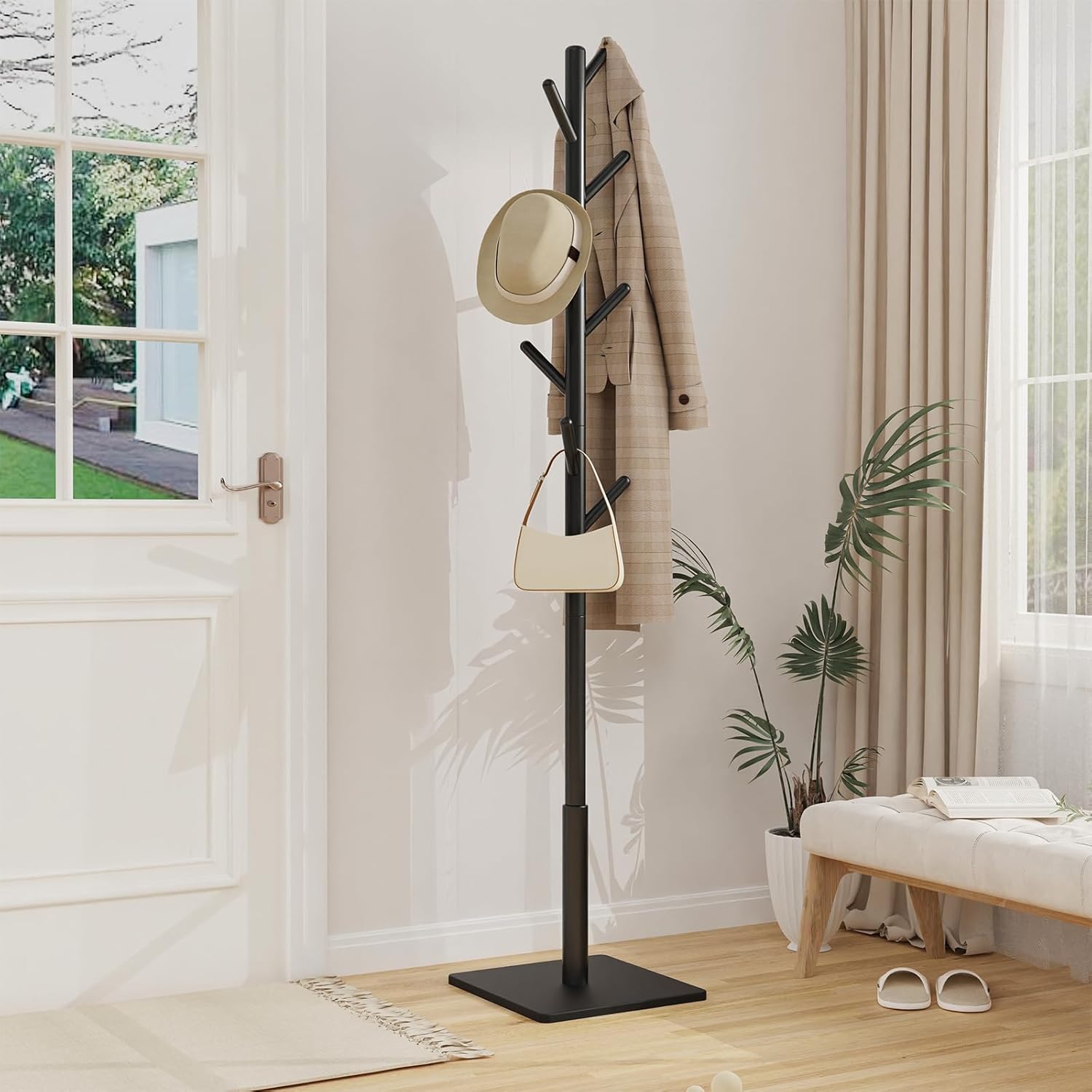 YheenLf Coat Rack Freestanding with Stable Square Base for Cloathes, Hat, Used in Bedroom, Office and Entryway, Sturdy and Easy Assembly Coat Tree with 3 Adjustable Sizes and 8 Hooks, Black Black Square base