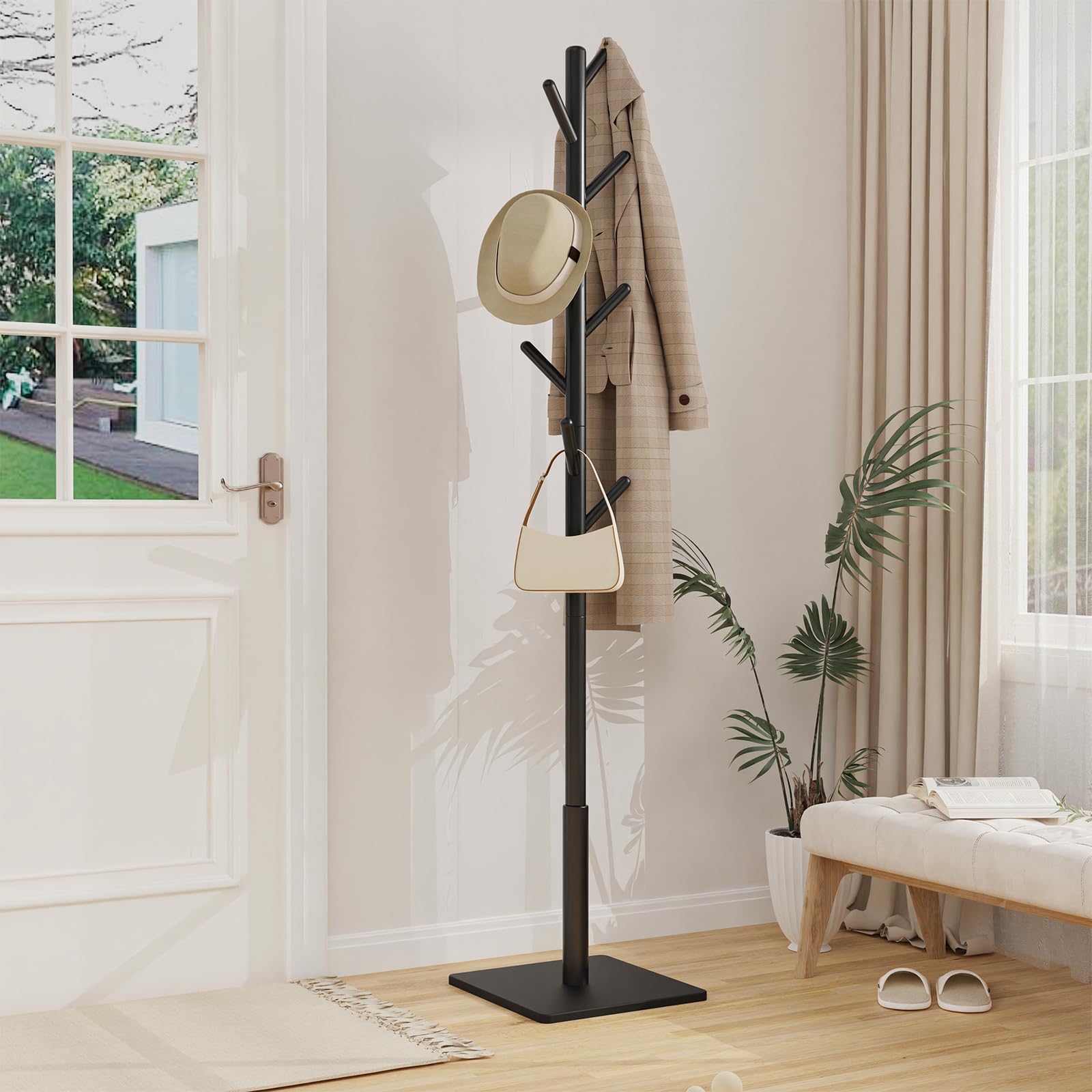 Perchero de Pie, 3 Alturas Ajustables, con 8 Ganchos para Entrada, Dormitorio o Recibidor, Soporte para Abrigos de Madera para Ropa, Sombreros y Bolsos, Negro, 30x30x180cm