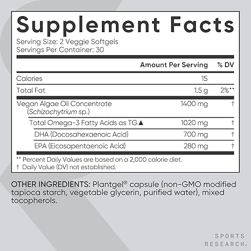 Miniatura 9 de Sports Research Paquete de suplementos veganos  Aceite de pescado vegano omega-3 alternativo de aceite de algas + vitamina D3 + K2 + CoQ10