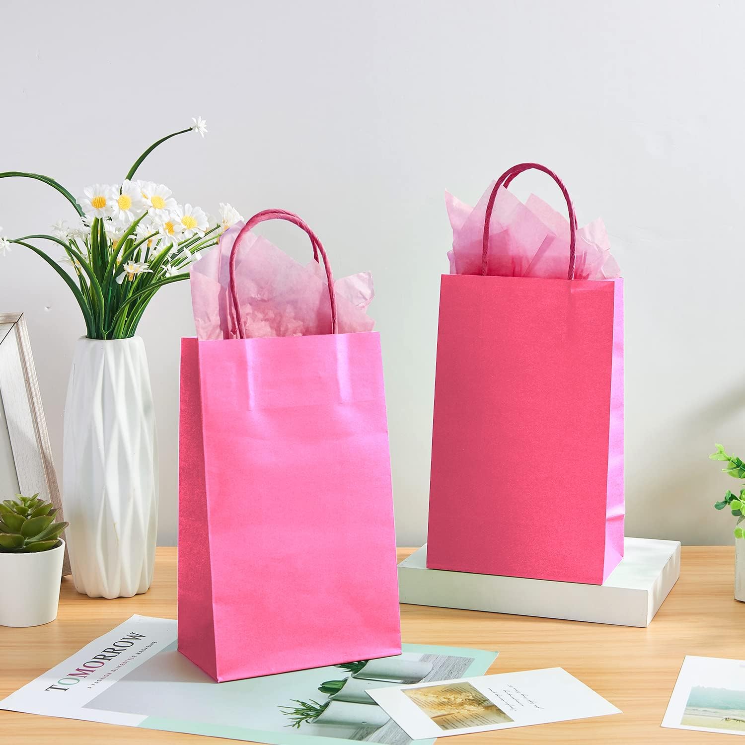 DjinnGlory 24 Pack Small Hot Pink Paper Gift Bags with Handles 9x5.5x3.15 Inch and 24 Tissue Paper for Business Birthday Wedding Bridal Shower Mother's Day New Moms Birthday Party Supplies - Image 8