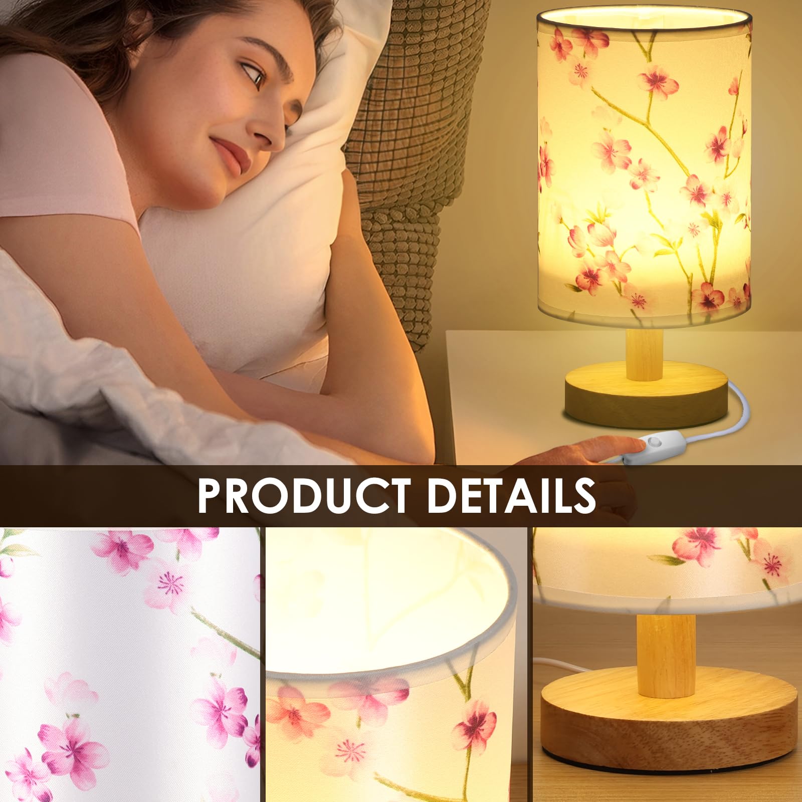 NIHUIFDPY Bedside Lamp, Small Table Lamp with Fabric Linen Shade and Wooden Base - Image 4