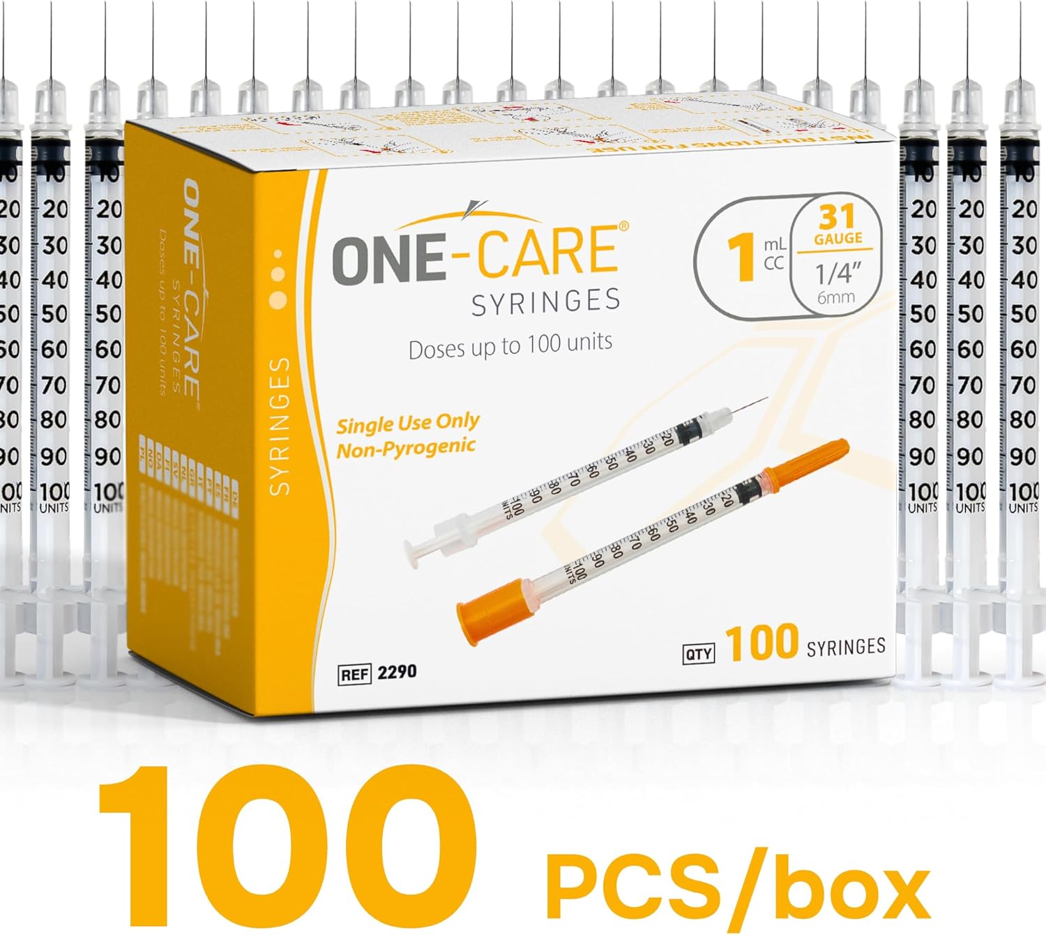 ONE-CARE Syringe 1 ml/cc, 31G x 1/4’’ (6mm), Individually Wrapped, Orange Cap, Box of 100 pcs