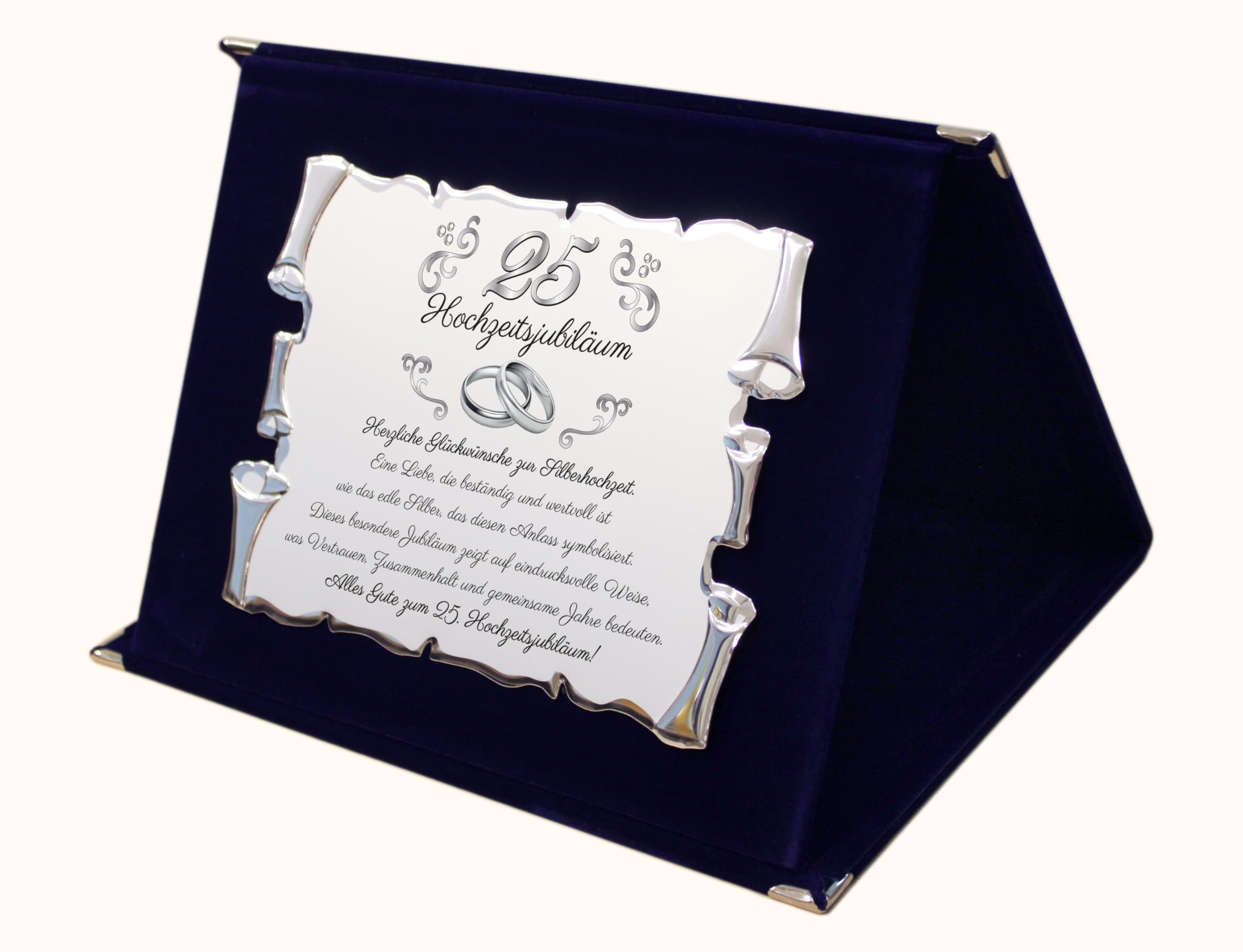 25. Hochzeitsjubiläum – Geschenk zur Silberhochzeit für Eltern, Großeltern & Freunde – Elegante silberfarbene Pergamenttafel in Samtbox – Besondere Erinnerung zum Ehejubiläum (Blau, 25 Hochzeit)
