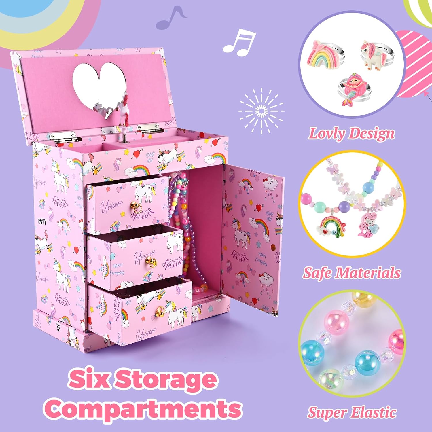 Unicorn Music Jewelry Box for girls with 21PCS Jewelrys - 5 Necklaces, 5 Bracelets, 5 Rings, 5 Hair Clips, Little Girls Jewelry Kids Mermaid Necklace for girls, Toddler Birthday Christmas Gift Age 3 4 6 8