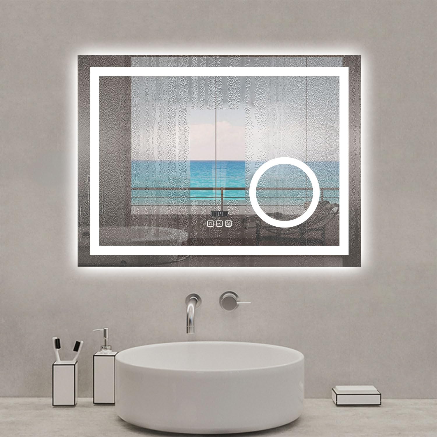 AICA Espejo de baño, Espejo con led luz, con función antivaho, Bluetooth,Reloj led,Lupa 3X, led luz con 3 Colores （3000k/4500k/6000k,Brillo Ajustable.