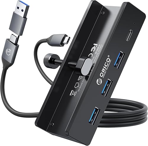ORICO Hub USB 3.0, Abrazadera USB Hub con puerto de fuente de alimentación adicional, adaptador USB de aluminio de 4 puertos con 3 puertos de datos