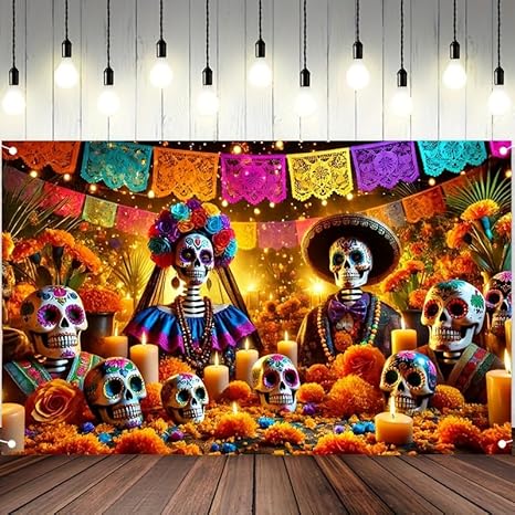 Day of The Dead Banner 71x43 inch Dia de Los Muertos Colorful Sugar Skull Banner withMarigold Flowers and Candles for Halloween Party Decorations Festival Decor