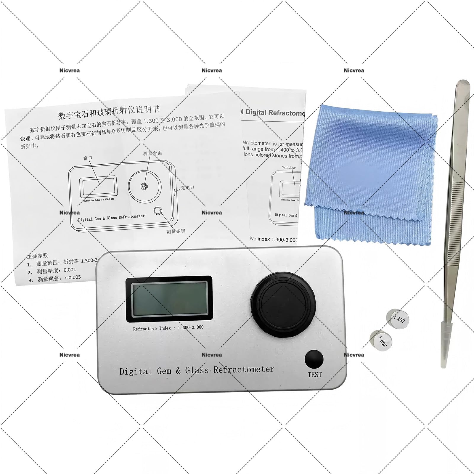 Probador de diamante refractómetro de gema, índice de refracción 1.300-3.000, precisión de medición 0.001, pantalla LCD, error de medición ± 0.005 para varias piedras preciosas