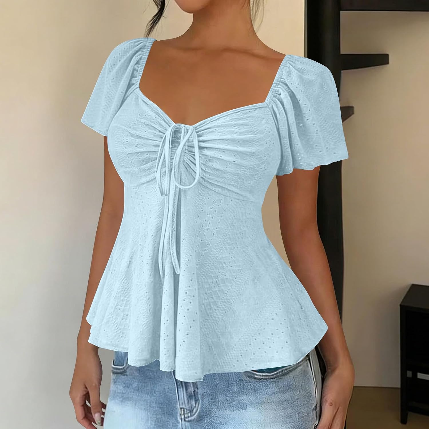 Womens Summer Tops Short Sleeve Ruffle Square Neck Shirts Slim Fit Dressy Casual Elegant Peplum Blouses