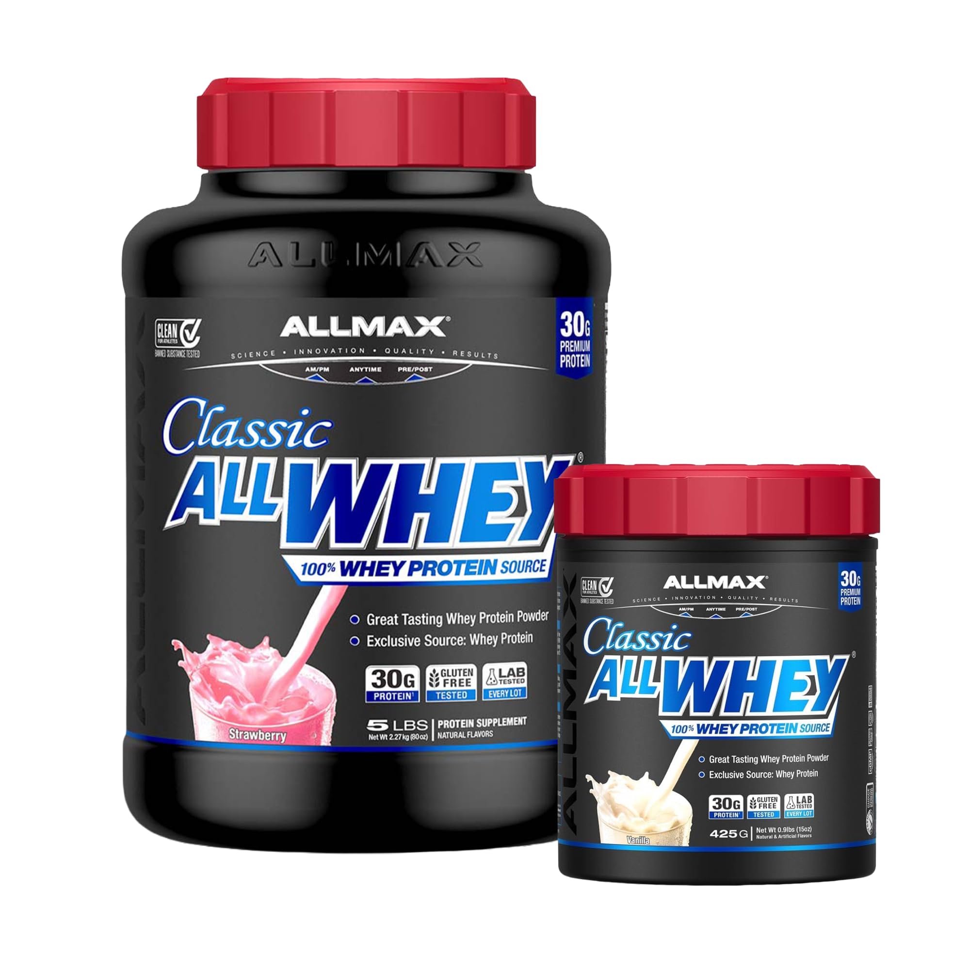 ALLMAX AllWhey Classic Strawberry 5 lb and Vanilla 0.9 lb Bundle, Gluten Free, Low Sugar, High Protein, Supports Muscle Recovery, Lean Muscle & Post Workout, fo