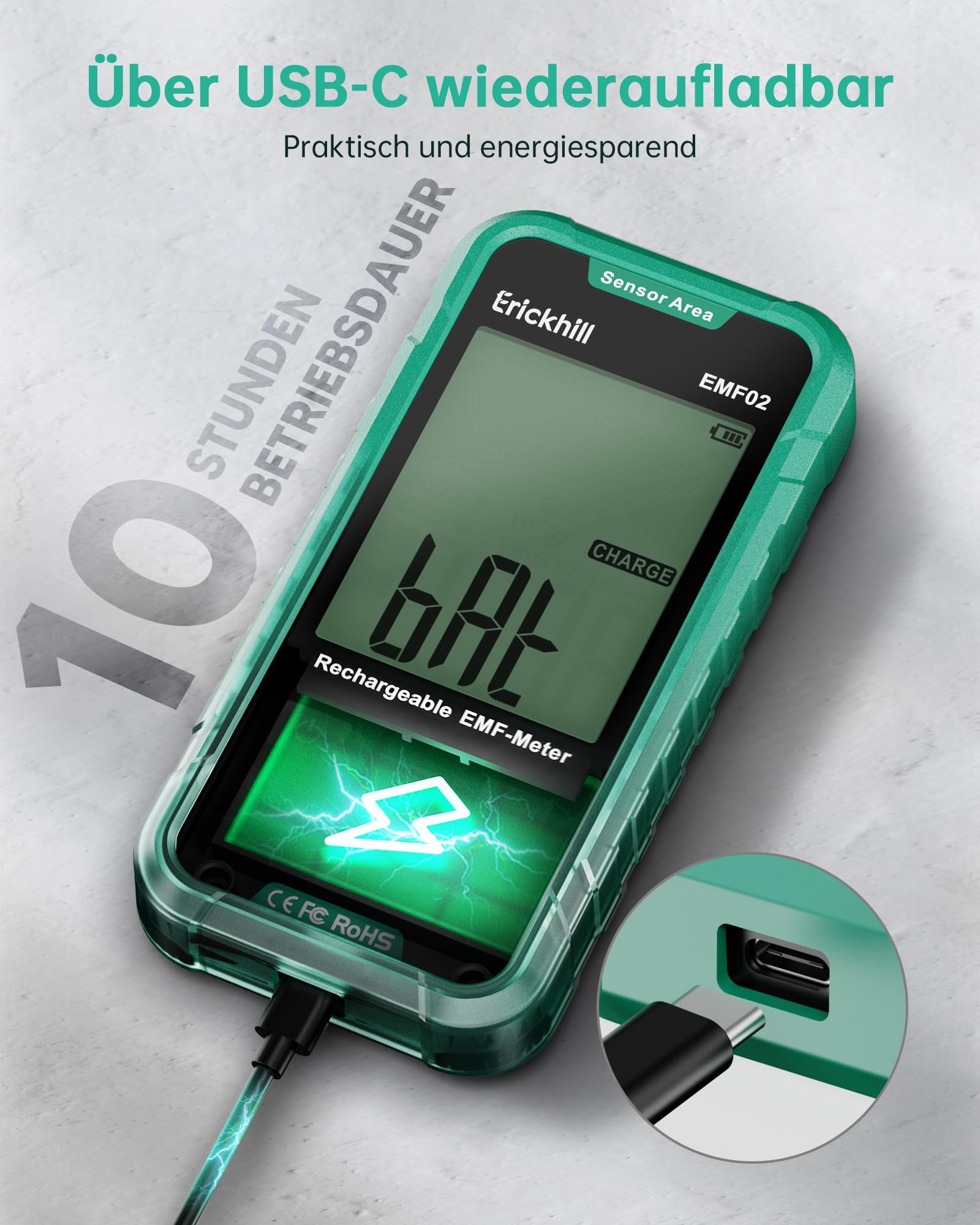 ERICKHILL EMF Messgerät, 3-in-1 Tragbares Elektrosmog Messgerät & Geisterjagd Equipment für RF, EF, MF & WLAN, Strahlungsmesser mit 3-Farben Alarm, Wiederaufladbarer Akku für Zuhause, Büro & Outdoor