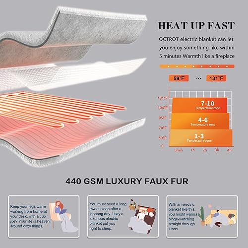 Miniatura 6 de OCTROT Manta eléctrica de 50 x 62 pulgadas, manta de calentamiento rápido con bolsillo para los pies, 10 niveles de calefacción, apagado automático