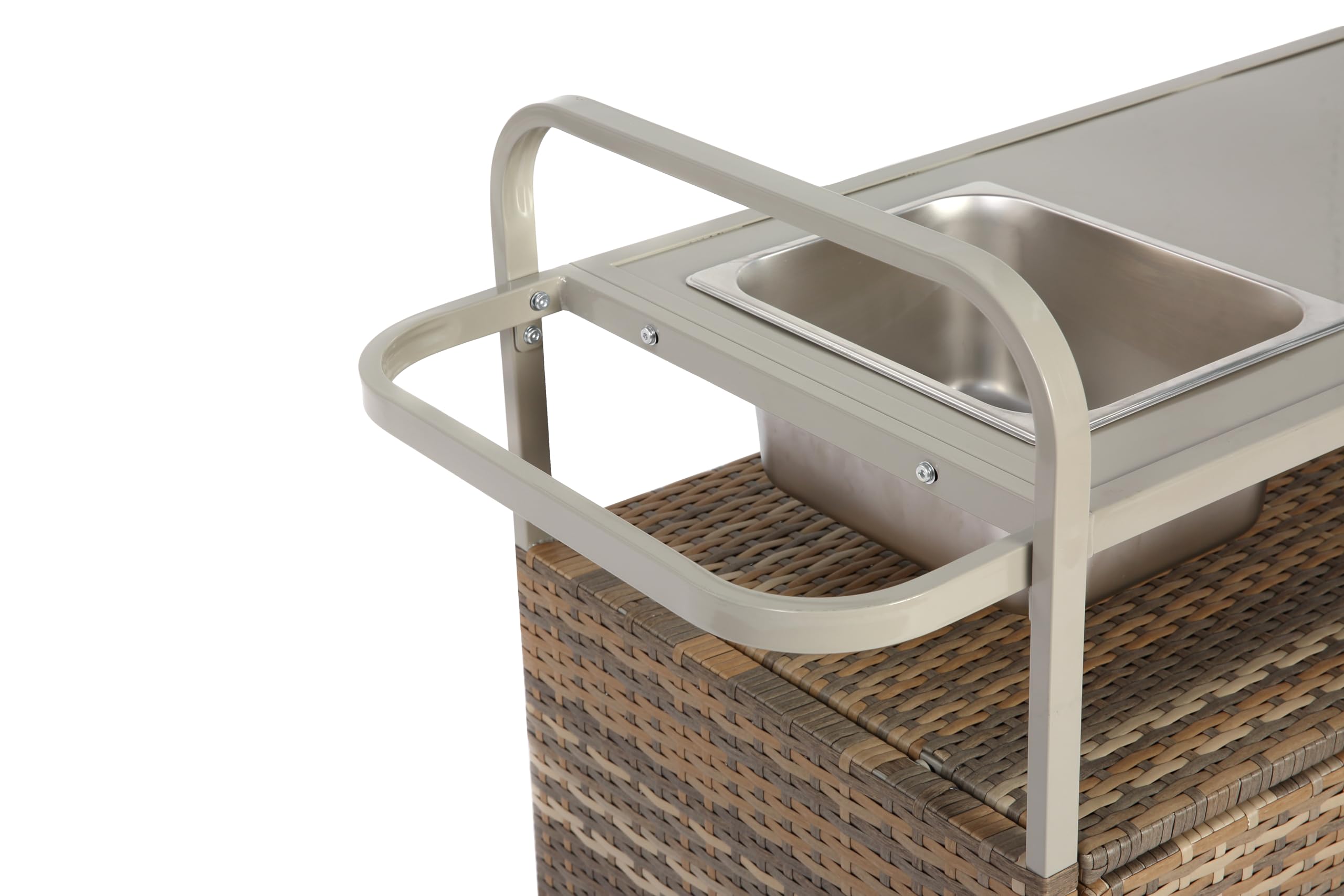 Mesa de bar para exteriores, carrito de mimbre con gabinete, carrito de servicio de patio con tapa de acero, con un cubo de hielo, cesta lateral para jardín, ruedas bloqueables, lado de piscina y