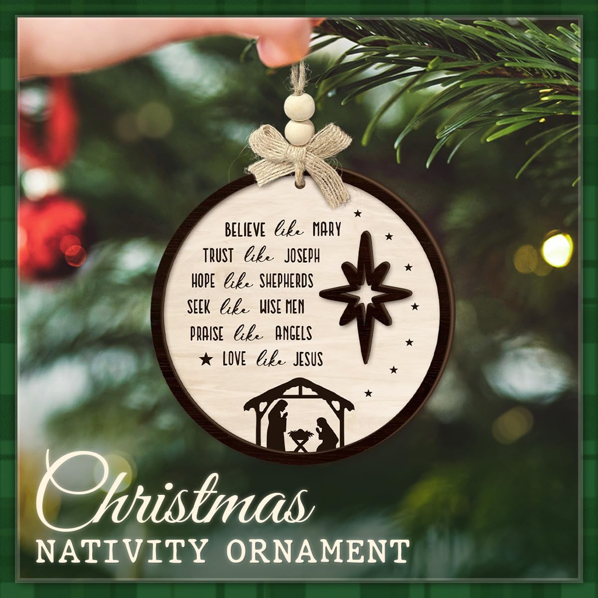 Christian Nativity Scene Ornament 2025-2 Layer Wooden Religious Christmas Decoration with Faith Message - Rustic Birth of Jesus Ornament for Tree, Christian Home, Family, Church Décor - Image 3
