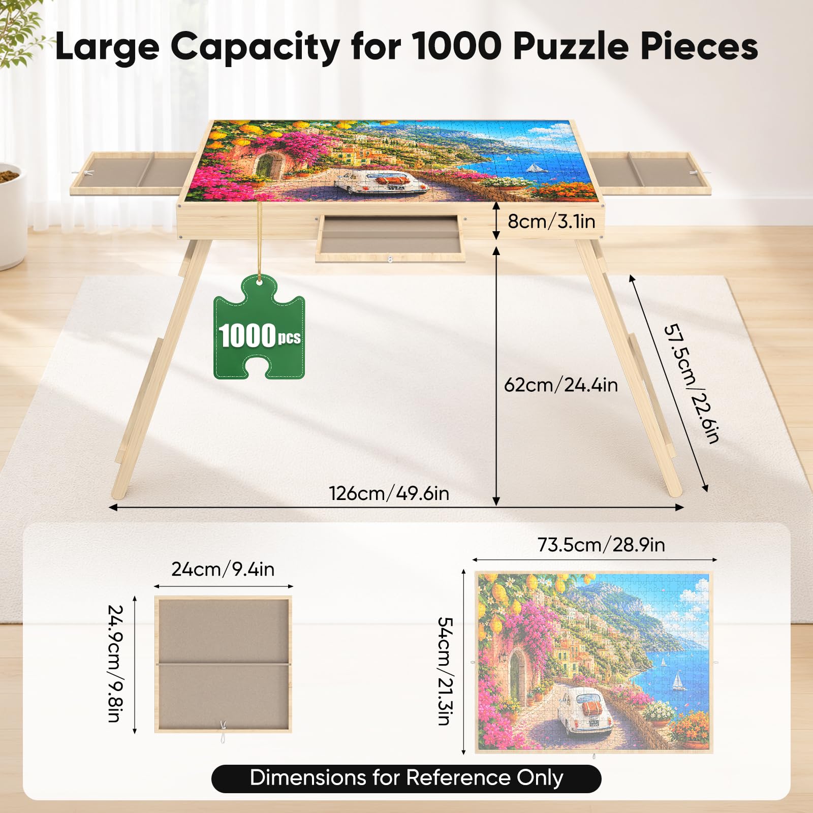 Tavolo Puzzle Portatile con Gambe, 77 x 57cm, in Legno Regolabile con 3 cassetti e Copertura,3 Angoli di inclinazione, Tavolo Puzzle per Adulti（1000 Pezzi ）