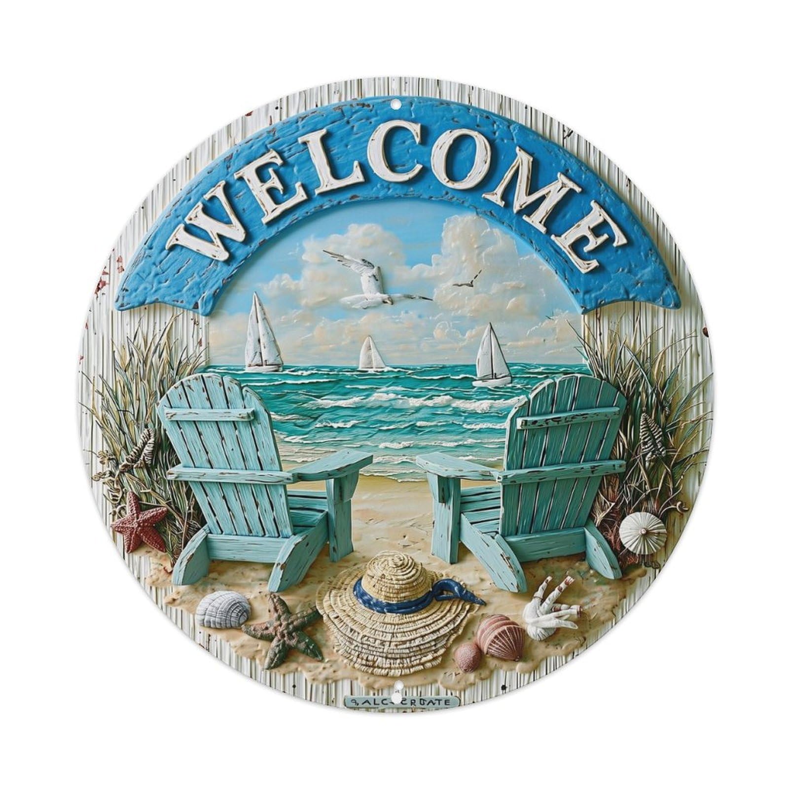 Jdyansheng Vintage Welcome Beach Chairs Ocean Scene Tin Sign Metal Poster Metal Signs For Home Man Cave Bar Cafe Kitchen Laundry Room Wall Decorations 8X8 Inches