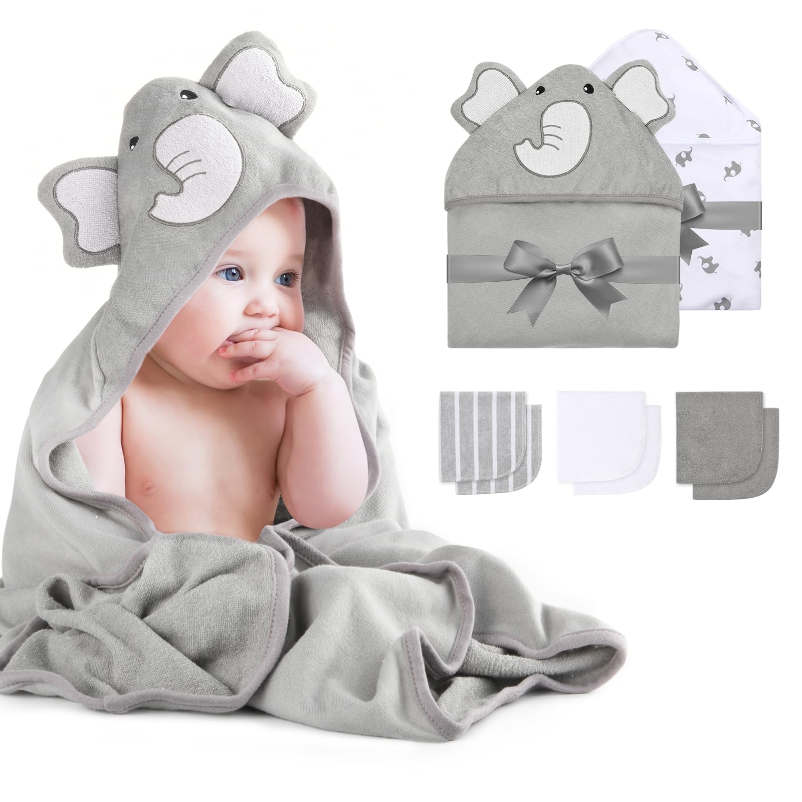 momcozy Set Asciugamani per Bambini 8 pz con Cappuccio, 2 Accappatoi Neonato 76x76 cm + 6 Quadrati Cotone 24x24 cm, Morbido e Super Assorbente, Elefante – Regalo Nascita Bimbo, Regali Neonata Femmina