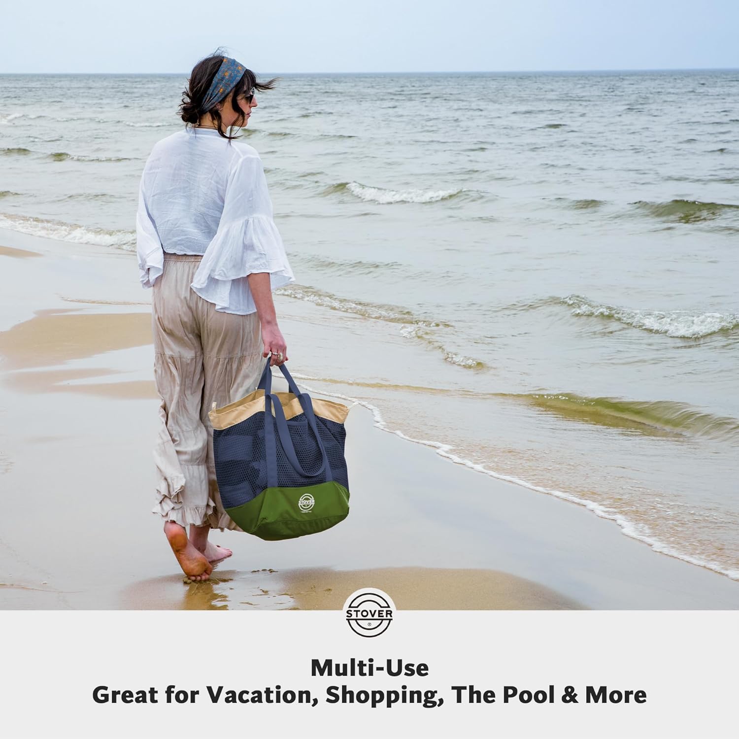 STOVER Extra Large Mesh Beach Bag, Vacation, Pool, Shopping & Travel Tote - Foldable w/Storage Pouch & Pockets for Women, Men - Image 5