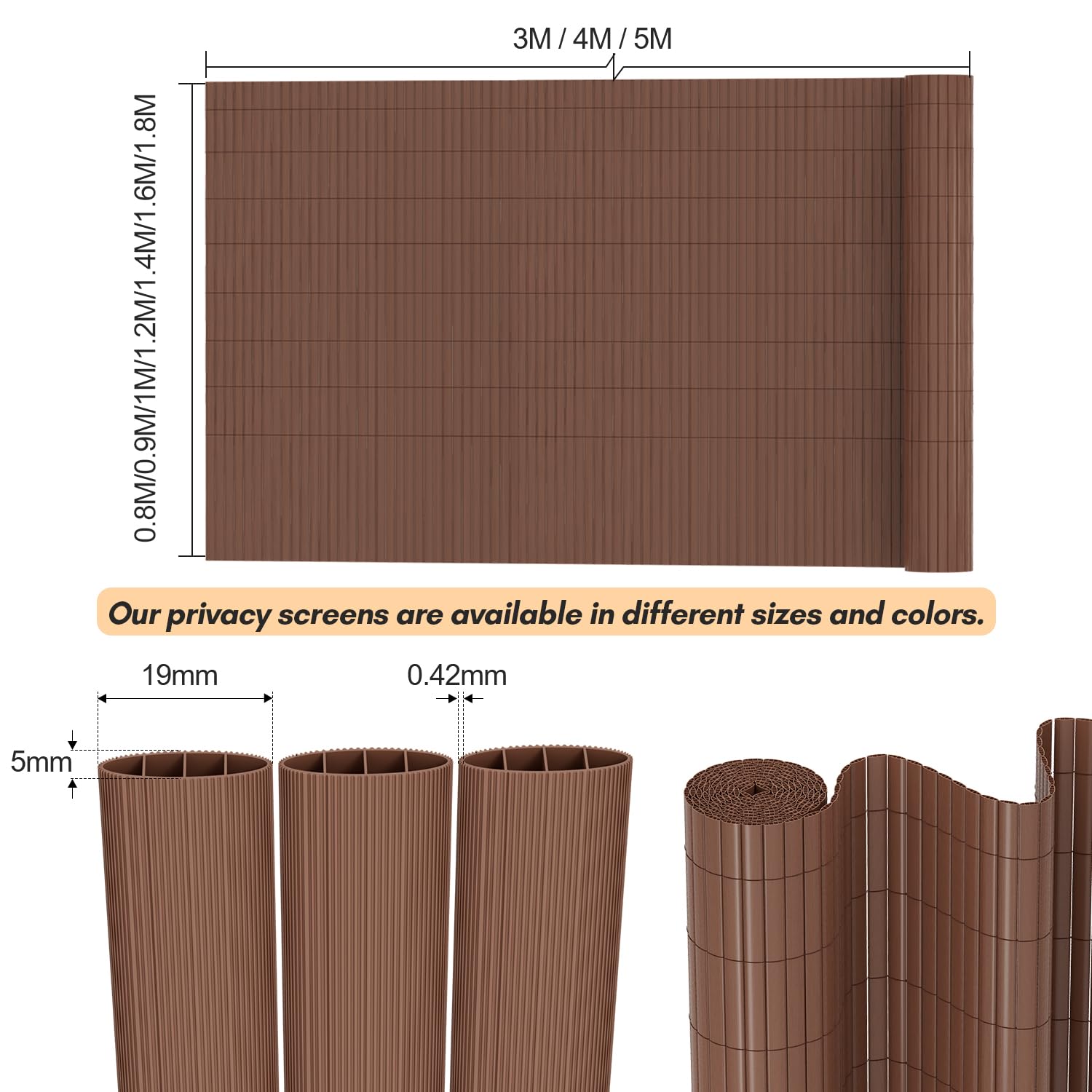 Mata maskująca z PCW, bambusowa ochrona przed prywatności, ogrodzenie ogrodowe, balkonowe, odporna na działanie promieni UV, do ogrodu, na basen, balkon, 80 x 500 cm, brązowy