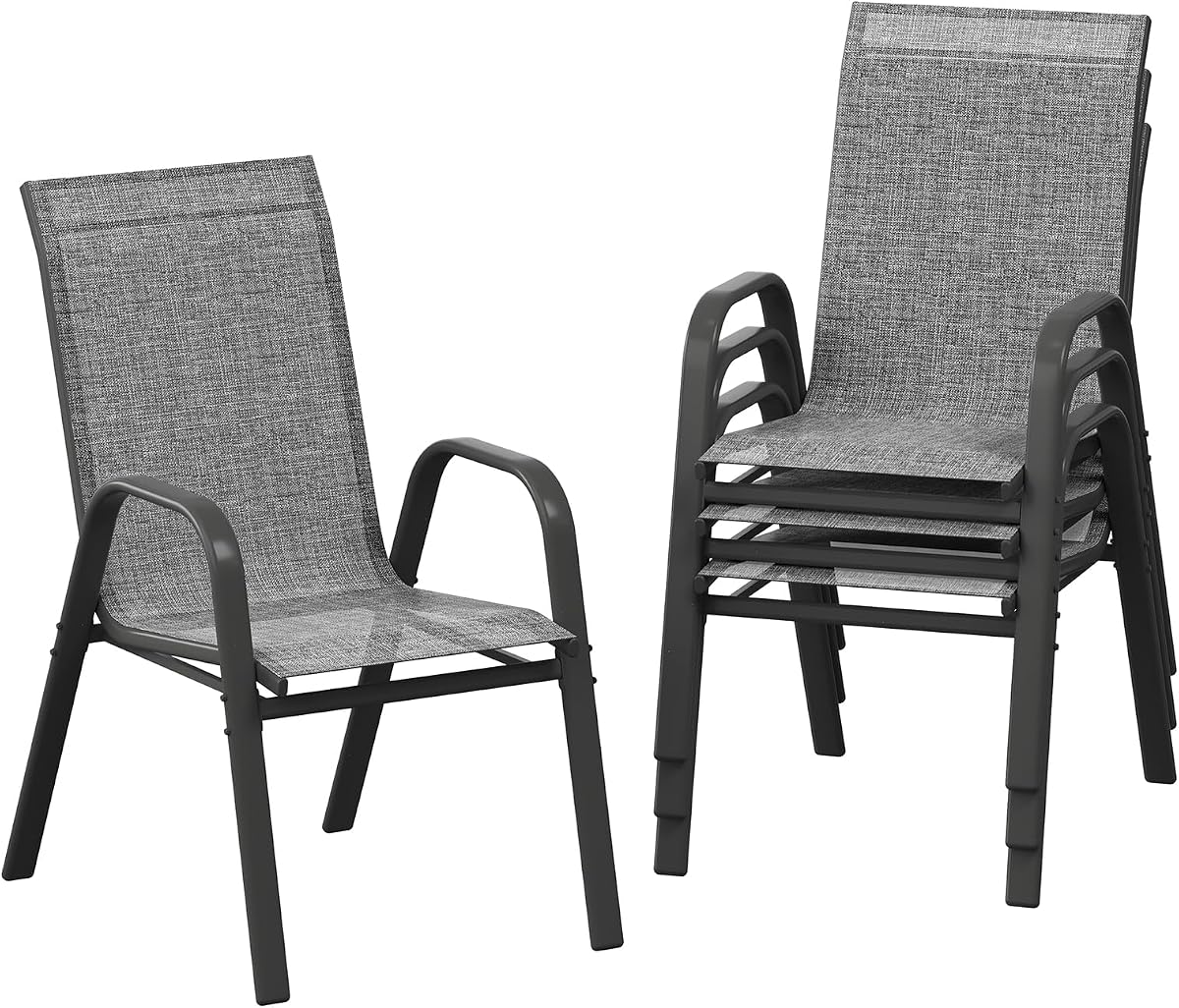 Juego de 4 sillas de patio, sillas apilables con respaldo alto para patio trasero | Sillas de comedor de exterior para todo tipo de clima con tela textilene (gris)
